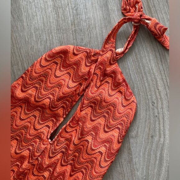 ZARA NWT Retro Wavy Print Halter One Piece Swimsuit Large Boho Keyhole Plunge - Picture 7 of 16